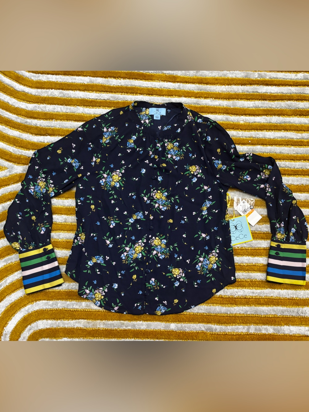 CeCe Navy Floral Top with Yellow and Green Accents